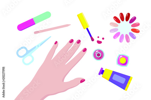 Hand surrounded by tools for manicure, nail care, beauty salon. Color vector illustration for banner, advertisement, website.
