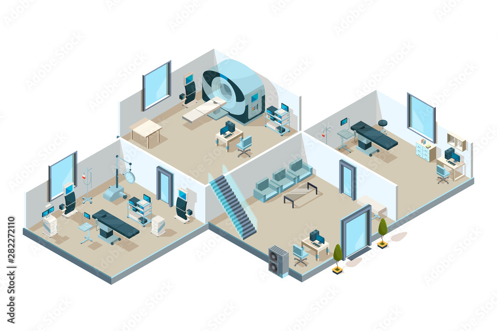 Clinic interior. Hospital patients medical rooms with equipment creative laboratory vector low poly isometric picture. Illustration of medical interior hospital, health medicine