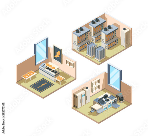 Bakery interior. Baking food bread industrial production fresh pastries shelves for food loaf market vector isometric interior. Illustration of bread and bakery interior