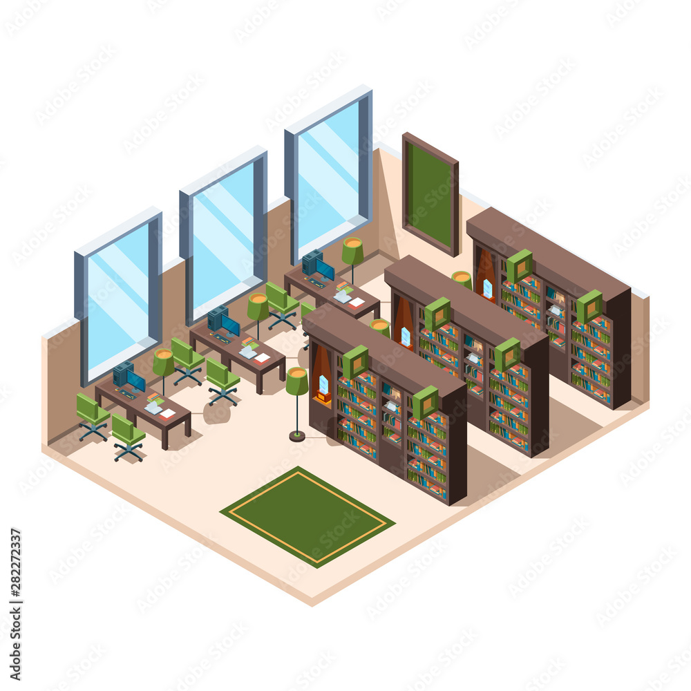 Library interior. University school room with bookshelves librarian campus vector isometric building. Library interior, furniture 3d bookshelf, university or school illustration