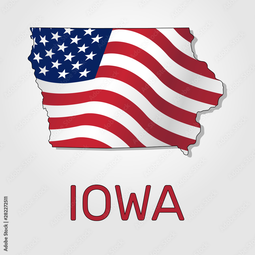 Map of the state of Iowa in combination with a waving the flag of the