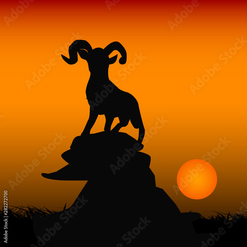 Mountain goat on a mountain at sunset  illustration