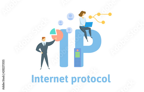 IP, Internet Protocol. Concept with people, letters and icons. Colored flat vector illustration. Isolated on white background.