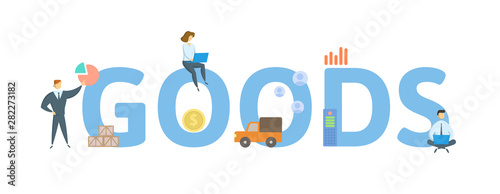 GOODS. Concept with people  letters and icons. Colored flat vector illustration. Isolated on white background.