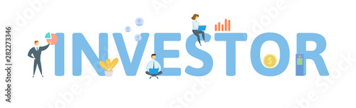 INVESTOR. Concept with people, letters and icons. Colored flat vector illustration. Isolated on white background.