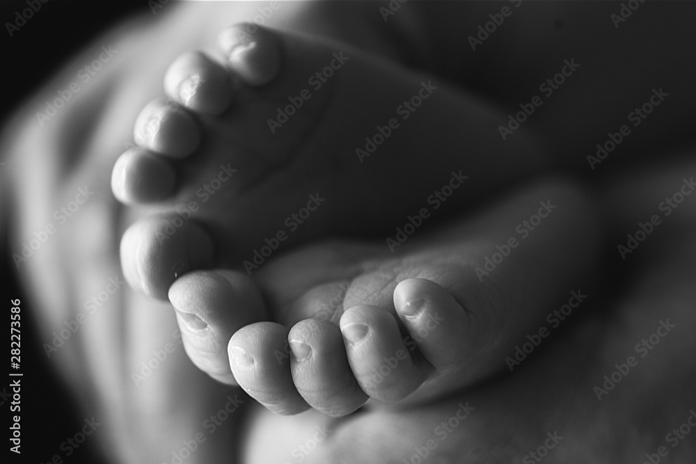 Little foot of a newborn baby on a black background close-up Little foot of a newborn baby on a black background close-up