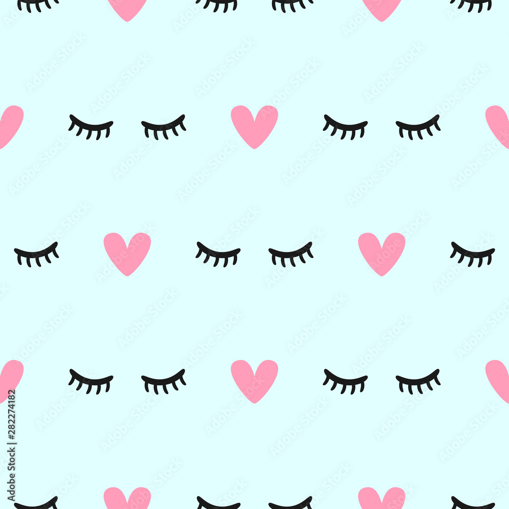 Cute seamless pattern with closed eyes and hearts. Simple girly print. Vector illustration. Cute seamless pattern with closed eyes and hearts. Simple girly print. Vector illustration.
