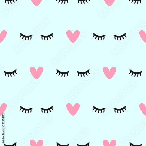 Cute seamless pattern with closed eyes and hearts. Simple girly print. Vector illustration.