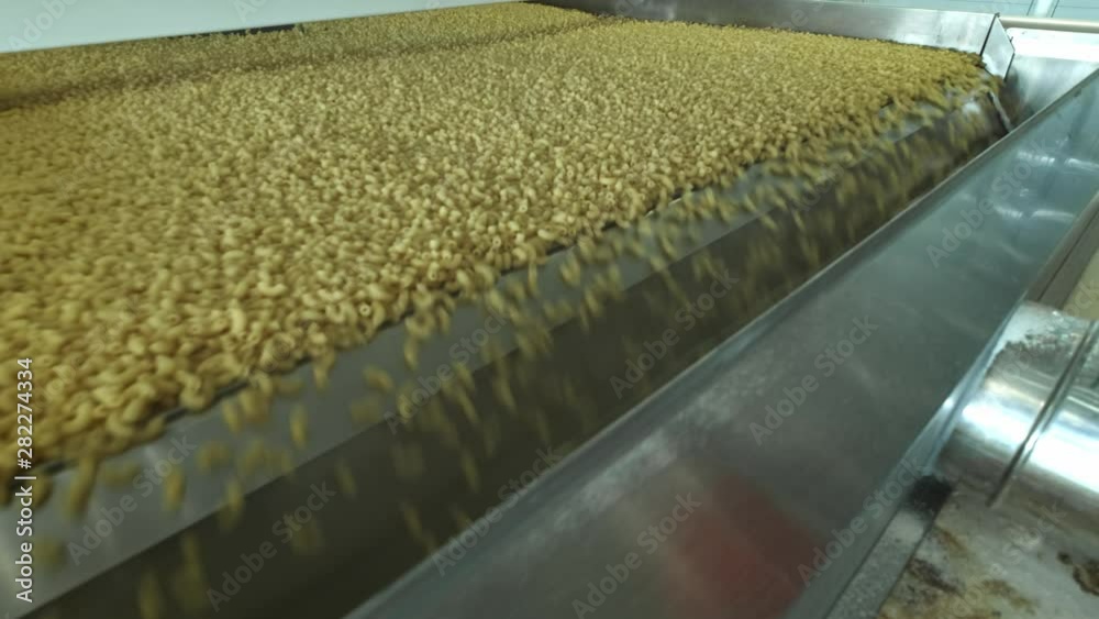 Pasta factory and pasta production stages. Close up of dry macaroni