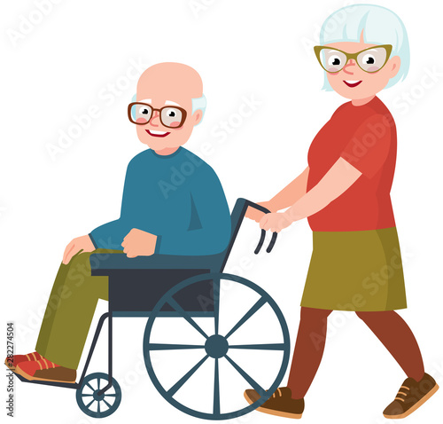 Elderly couple husband and wife. Cheerful old man in a wheelchair