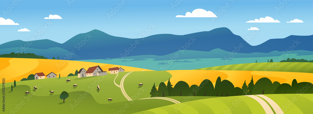 Vector flat landscape illustration of summer countryside nature view: sky,  mountains, cozy village houses, cows, fields and meadows. For farm product  packaging, sticker design, banner, flayer etc. Stock Vector | Adobe Stock