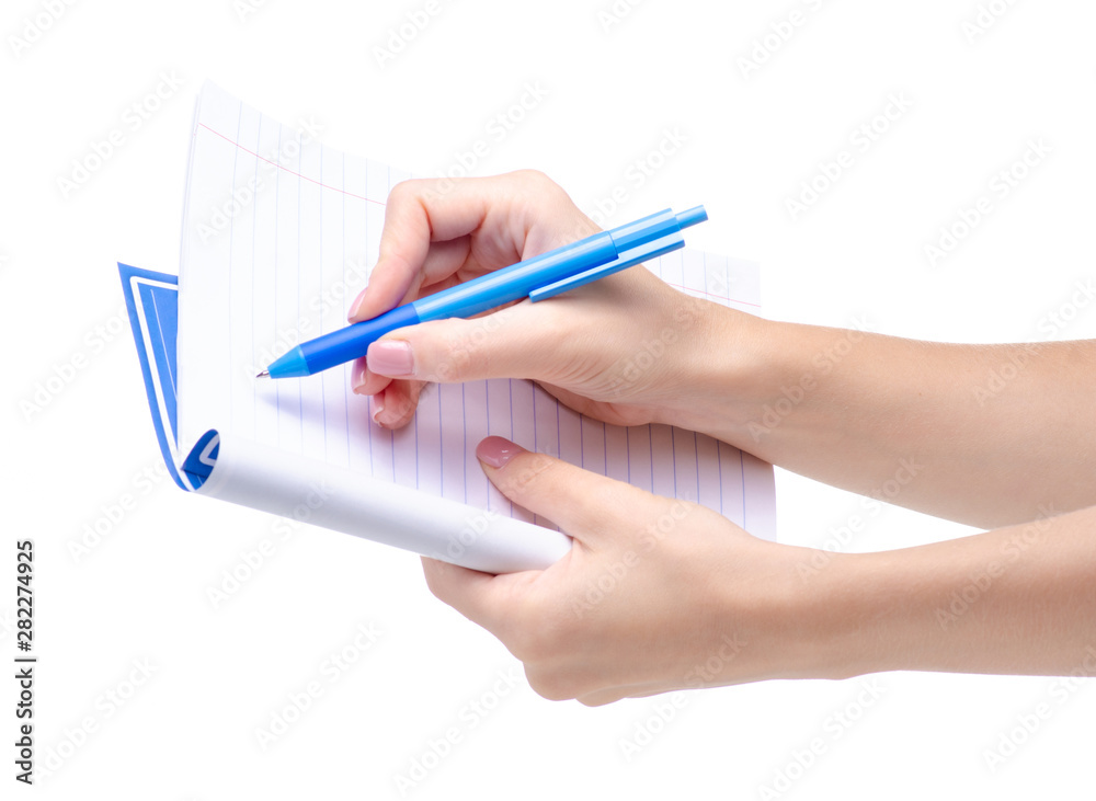 School exercise book notebook with pen in hand education on white background isolation
