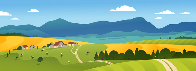 Acrylglasbilder Blau Vector flat landscape illustration of summer countryside nature view: sky, mountains, cozy village houses, cows, fields and meadows. For farm product packaging, sticker design, banner, flayer etc.  © artflare