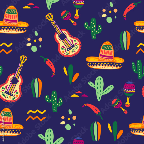 Vector seamless pattern with Mexico traditional celebration decor elements - guitar, sombrero, maracas, paprika, cactus & abstract ornaments isolated on dark blue background. Good for packaging, print © artflare