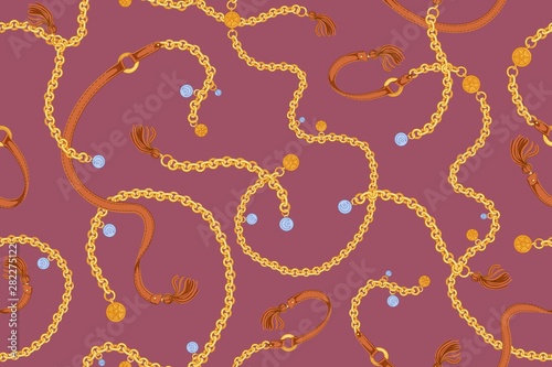 Backdrop with stylish golden and silver chain belts with charms and leather tassels. Fancy fashion accessories on pink background. Hand drawn realistic vector illustration in elegant antique style.