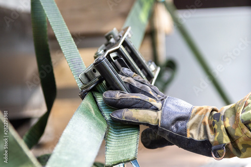 German army soldier lashed cargo with lashing material