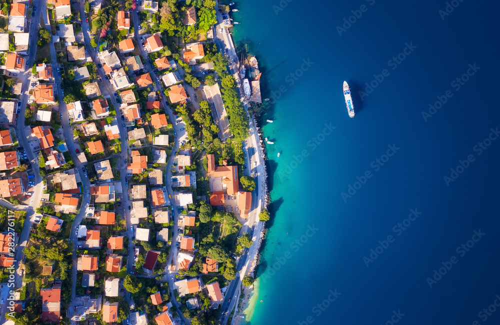 Dudrovnik, Croatia. Aerial view at the town. Vacation and adventure. Town and sea. Top view from drone at on the houses and azure sea. Travel - image - obrazy, fototapety, plakaty 