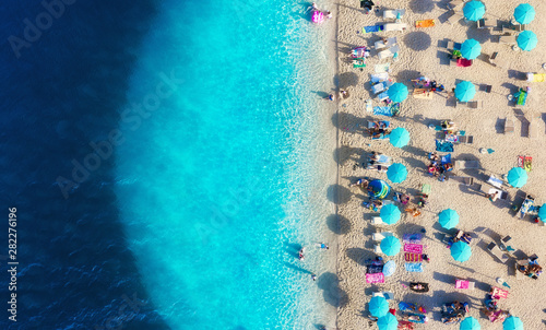 Fototapeta Naklejka Na Ścianę i Meble -  Croatia. Aerial view on the beach. Vacation and adventure. Beach and turquoise water. Top view from drone at beach and azure sea. Travel and relax - image