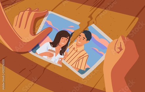 Hands holding torn photograph with cute smiling married couple, portrait of happy spouses or picture with family memories. Concept of breakup or divorce. Flat cartoon colorful vector illustration.