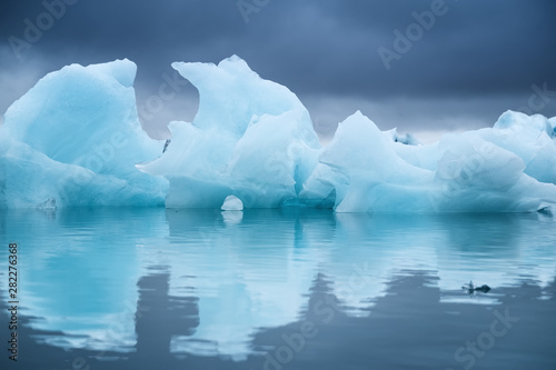 Icebergs in the Skaftafell National Park, Iceland. Ocean bay and icebergs. Reflection on the water surface. Landscapes in Iceland. Travel - image