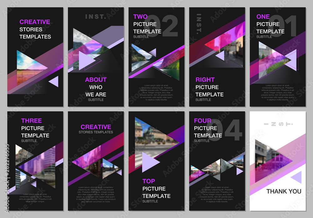 Creative social networks stories design, vertical banner or flyer templates with triangles and triangular shapes on black background. Covers design templates for flyer, leaflet, brochure, presentation