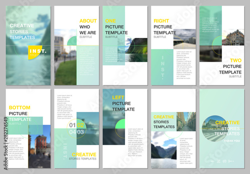 Creative social networks stories design, vertical banner or flyer templates with green colorful gradient backgrounds. Covers design templates for flyer, leaflet, brochure, presentation, advertising.