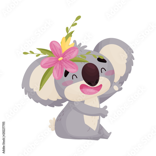 Cartoon humanized cute koala with a flower. Vector illustration on white background.