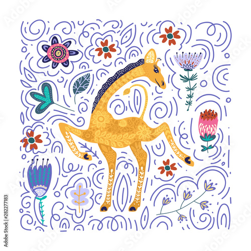 Cartoon giraffe vector flat illustration in scandinavian style. Cute african animal card.