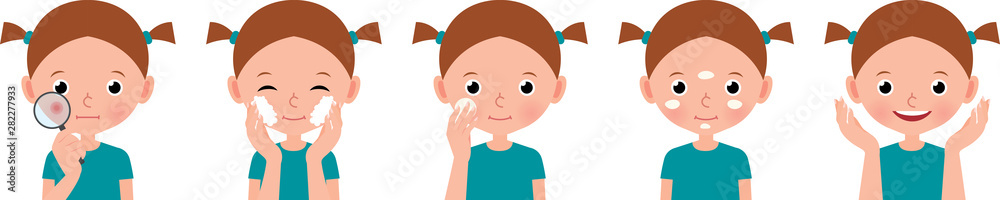 Stock vector cartoon illustration young woman taking care of her face skin in three beauty steps. Girl teen caring for her problem skin Stock vector cartoon illustration young woman taking care of her face skin in three beauty steps. Girl teen caring for her problem skin