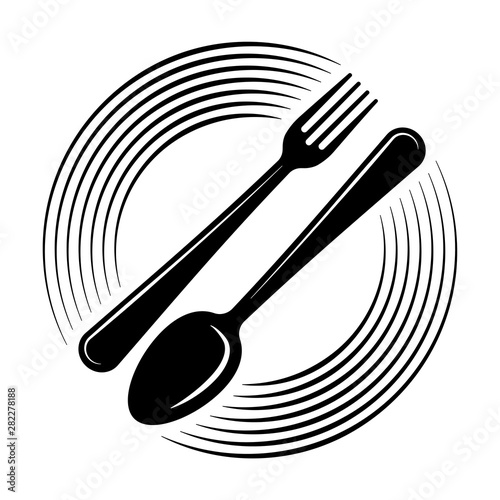 Abstract logo of a cafe or restaurant. A spoon and fork on a plate. A simple outline.