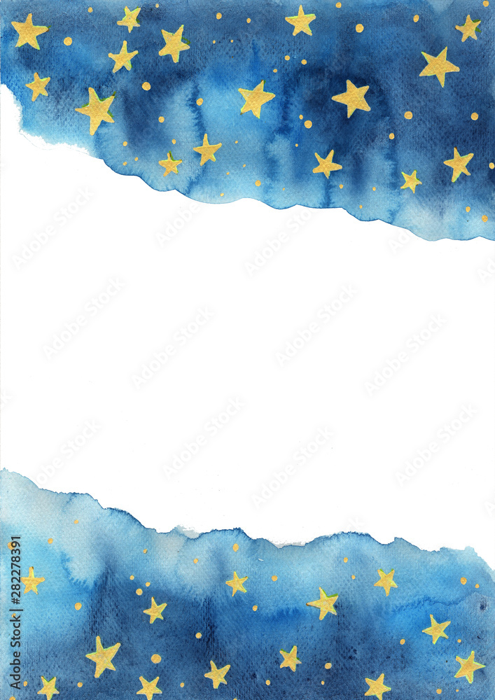 Night sky and gold star watercolor hand painting for decoration on winter season and Chritsmas holiday.