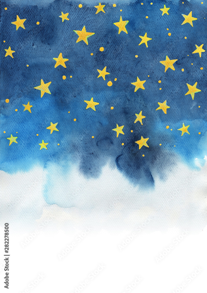 Night sky and gold star watercolor hand painting for decoration on winter season and Chritsmas holiday.