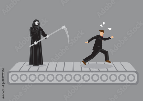 Cartoon Man Running on Treadmill Trying to Escape Death by Grim Reaper Vector Illustration