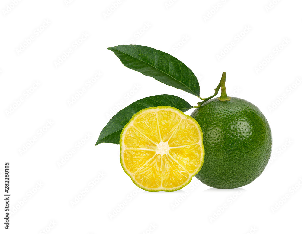 lemon with green leafs on white background lemon with green leafs on white background