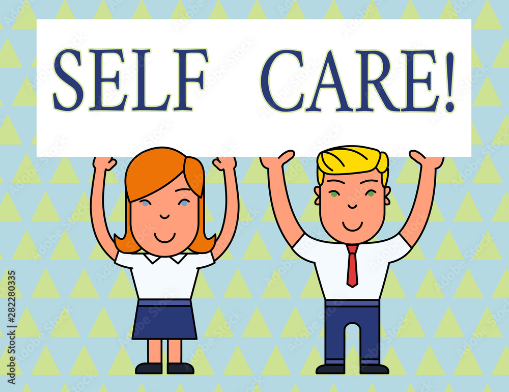 Text sign showing Self Care. Business photo text practice of taking action to preserve or improve ones own health Two Smiling People Holding Big Blank Poster Board Overhead with Both Hands Text sign showing Self Care. Business photo text practice of taking action to preserve or improve ones own health Two Smiling People Holding Big Blank Poster Board Overhead with Both Hands