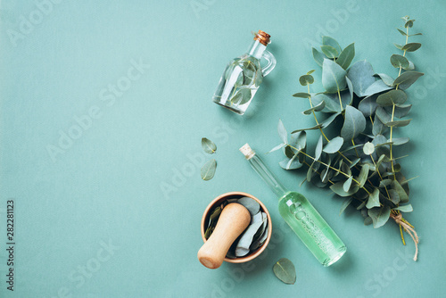 Bowl, bottles of eucalyptus essential oil, mortar, bunch of fresh eucalyptus branches on green background. Natual organic ingredients for cosmetics, skin care, body treatment