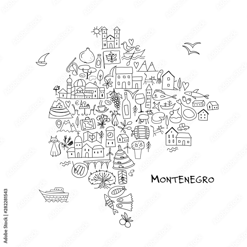 Travel map Montenegro, coloring page for your design