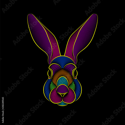 Engraving of stylized psychedelic rabbit portrait on black background. Line art. Stencil art