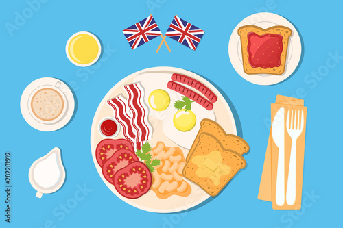 Set of elements: scrambled eggs, bacon, bread, sausages, white beans, tomatoes, jam, coffee, juice. English Breakfast, flat style.