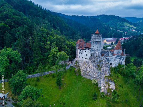 Aerial panorama view of the medieval Bran Castle, known for the myth of Dracula , Dracula Castle in Brasov, Transylvania. Romania.