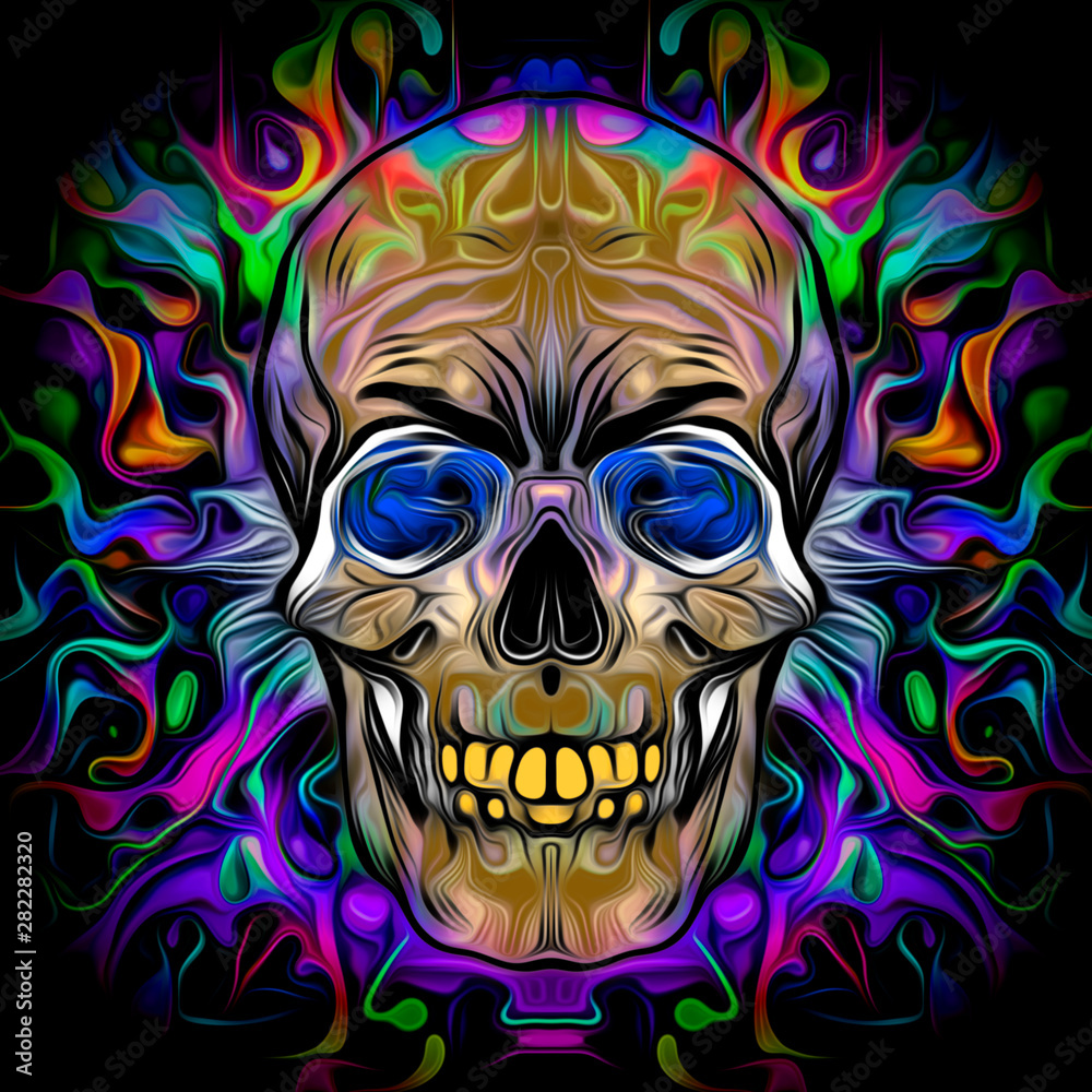 Human skull with colorful spots on white background 