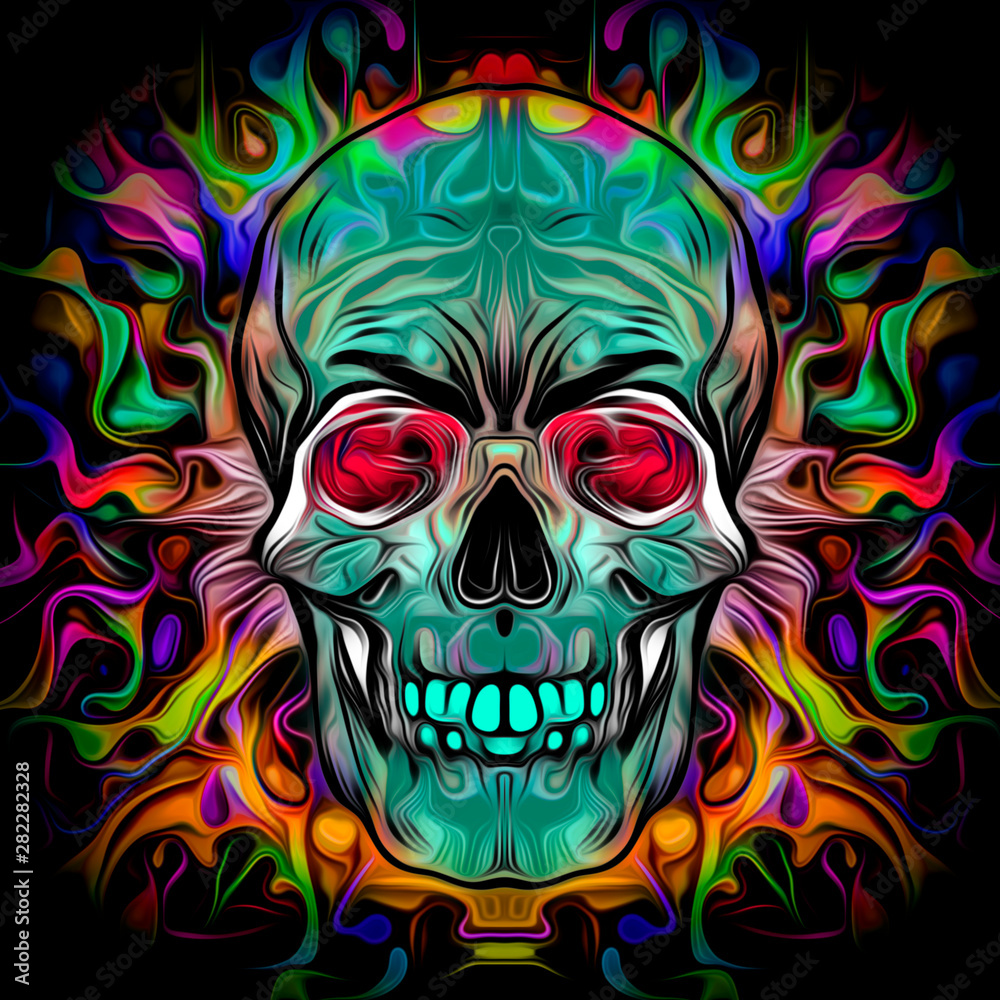 Fototapeta premium Human skull with colorful spots on white background