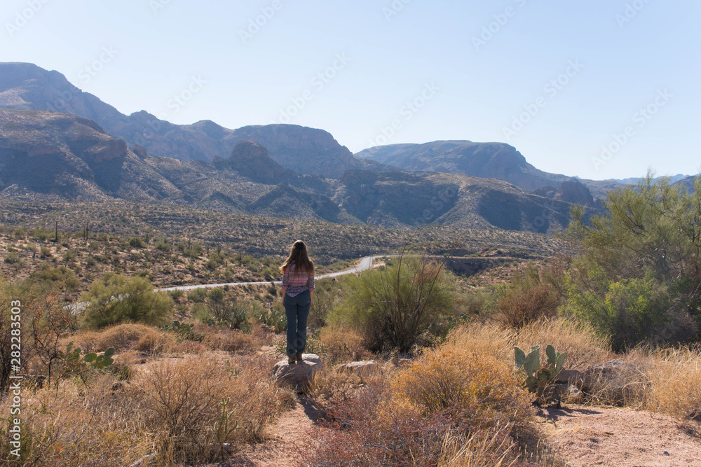 woman overlooking view over the desert at apache trail america arizona