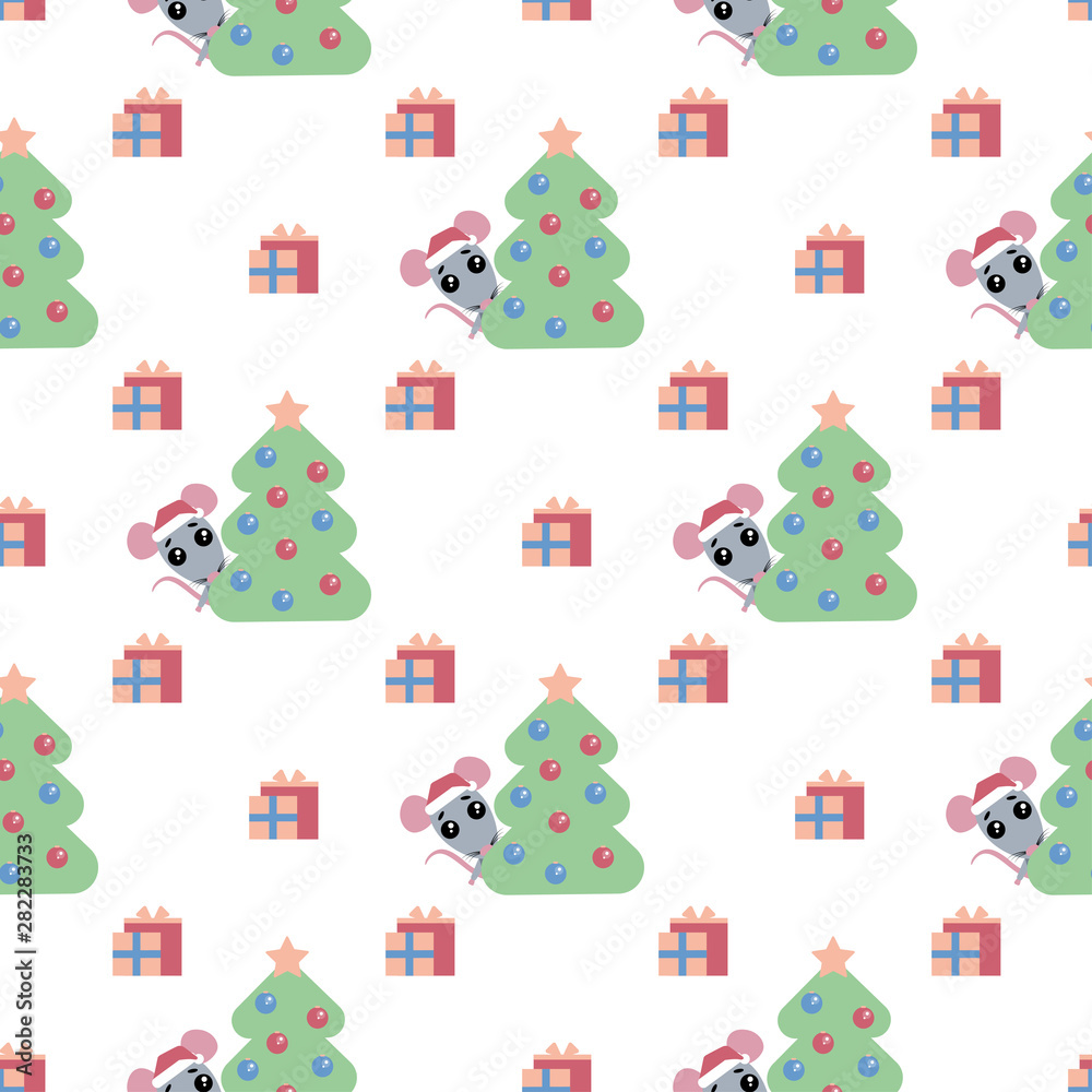 Vector seamless background. Cute rat, funny character with presents. Happy new year. 2020. Symbol of the year in the Eastern calendar. Balls on the tree. Vector illustration. Vector seamless background. Cute rat, funny character with presents. Happy new year. 2020. Symbol of the year in the Eastern calendar. Balls on the tree. Vector illustration.