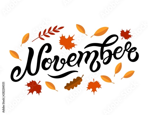 November. Hand drawn lettering. Vector illustration. Best for Autumn design.