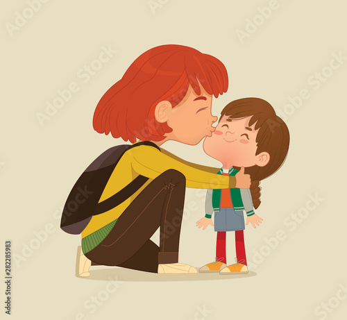 Illustration of a Mother Gives a Goodbye Kiss to her daughter. Mum Gives Kiss to the child at the school door. Preschool girl say hello to mom at Montessori school. Vector illustration. Isolated.