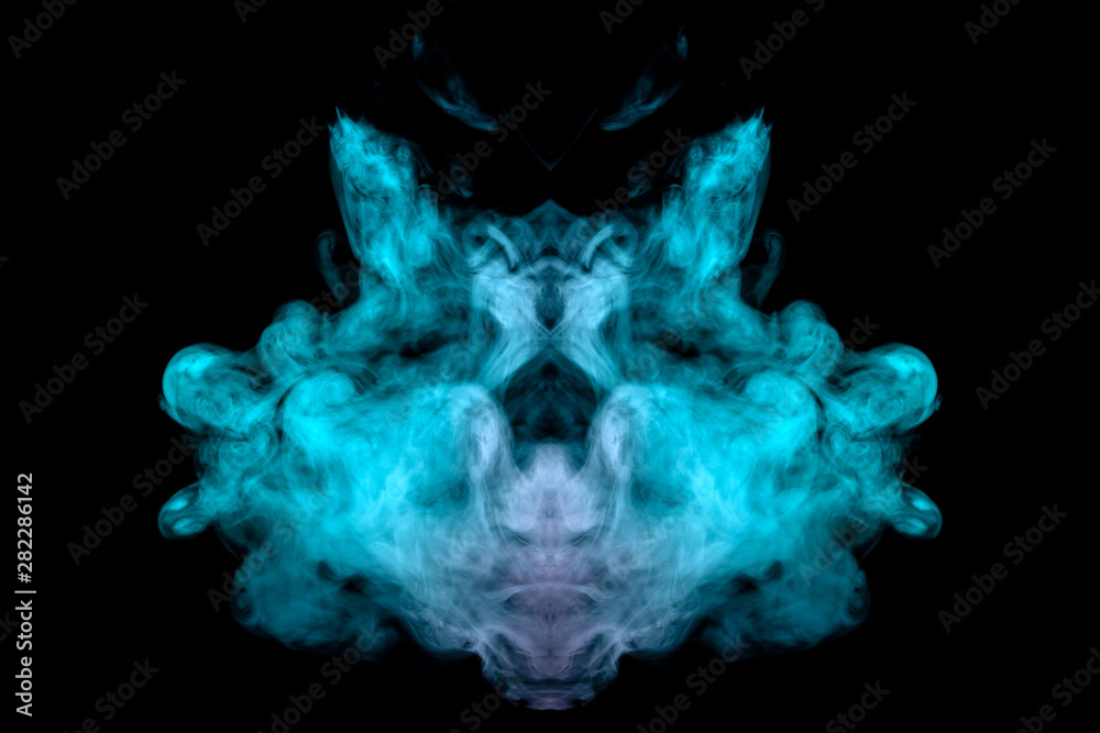 Fototapeta premium A mystical cloud of green smoke through which you can see the face of a mystical animal or ghost on a black isolated background. Abstract print for clothes.