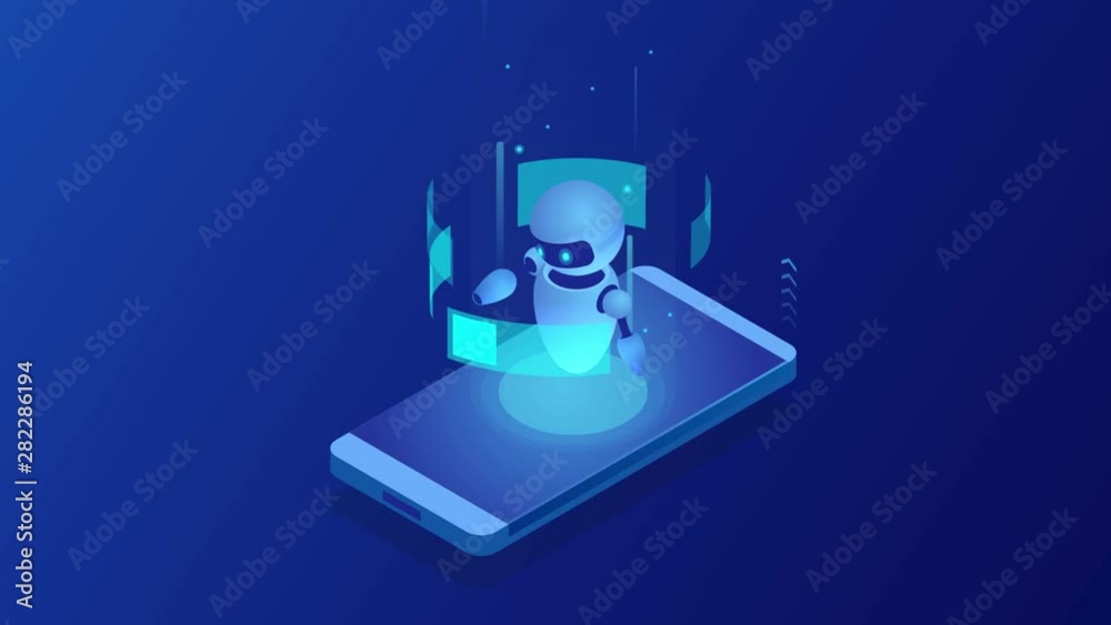custom made wallpaper toronto digitalIsometric Bot and cybersecurity, artificial intelligence concept. AI and business IOT concept. Dialog help service. ChatBot free robot virtual assistance. HD Video.