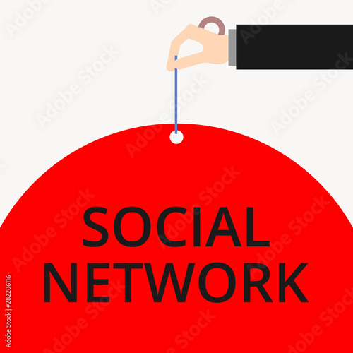 Word writing text Social Network. Business photo showcasing Interactions Sharing Information Interdemonstratingal relationship Male hand arm needle punching big half blank balloon geometrical photo