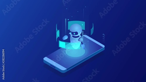Wallpaper Mural Isometric Bot and cybersecurity, artificial intelligence concept. AI and business IOT concept. Dialog help service. ChatBot free robot virtual assistance. HD Video. Torontodigital.ca